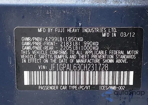 2012 Subaru Impreza 2.0I Sport Premium from USA, damaged, VIN JF1GPAL63CH231728